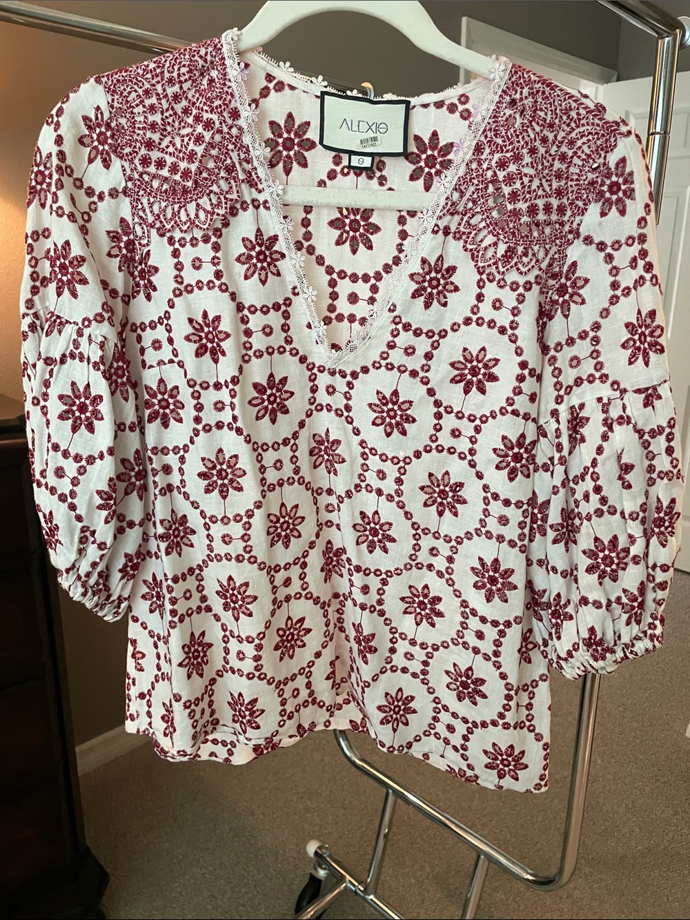 Alexis White Blouse with Burgundy Red Floral Embroidery